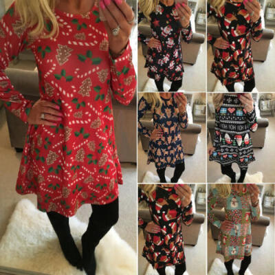 

Womens Christmas Jumper Dress Santa Snowman Long Sleeves Ladies Mini Dress New