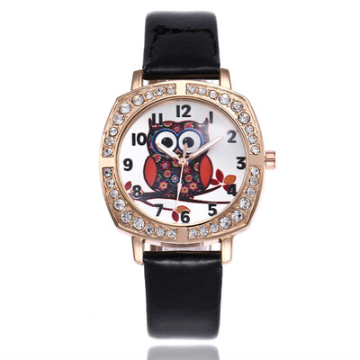

Lady cute owl cartoon watch square dial with diamonds English table
