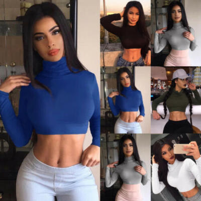 

Womens Long Sleeve Turtle Neck Bodycon Crop Top Ladies Short T-Shirt Blouse AU