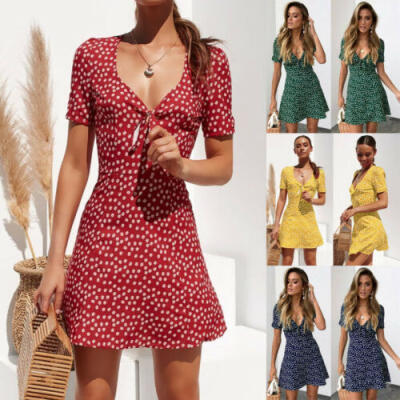 

US Women V-neck Boho Floral Casual Dress Party Evening Beach Short Mini Sundress