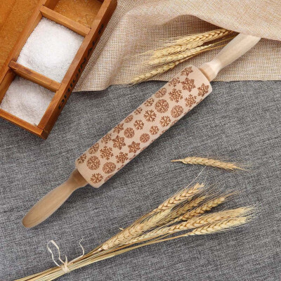 

Gobestart Christmas Rolling Pin Engraved Carved Wood Embossed Rolling Pin Kitchen Tool