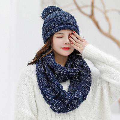 

Winter Knitted Wool Hat Lady wool ball thicker set head hat neck set warm ear protector two sets