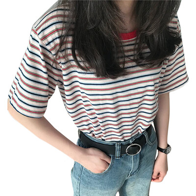 

Womens Fashion Summer Casual T Shirt Short Sleeve O-Neck Korean Style Striped Loose Tee
