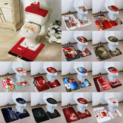 

3PCS Christmas Xmas Set Toilet Seat Cover Santa Lid Toilet Rug Non-Slip Bath Mat