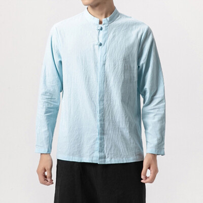 

Toponeto Mens plain cotton&linen shirt with long sleeves&a stand-up collar Blous