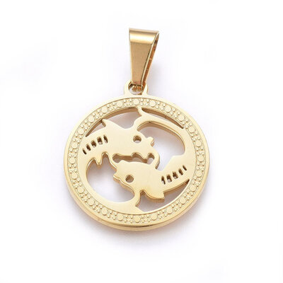

304 Stainless Steel Pendants Flat Round Golden 26x23x12mm Hole 9x5mm