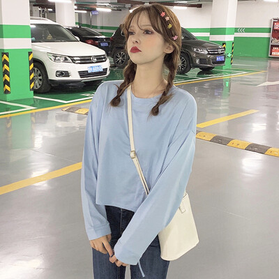 

Women Drawstring Round Collar Exposed Navel Solid Color Long Sleeved Casual Shirt Wild Tops