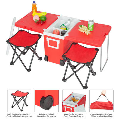 

Multi Function Portable Rolling Cooler for Picnic Camping w Table & 2 Chairs Blue