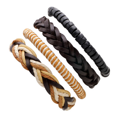 

Alloy Manual Cowhide Leather Wood Beads Weaving Ribbing Bracelet Multiple Roots Combination Suit Unisex Pair Jewellery