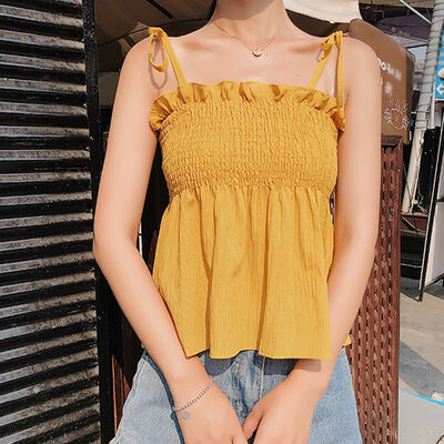 

Women Solid Sleeveless Strapless Slim Chiffon Camisole Fashion Sweet Spaghetti Strap Lace Up Ruffles Camis
