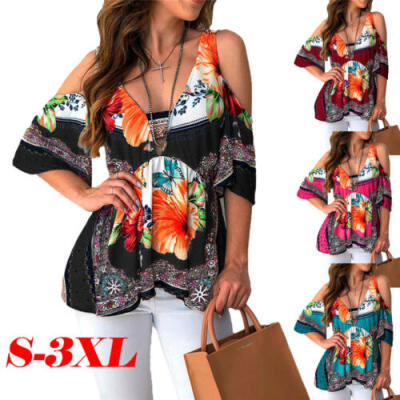 

Plus -3XL Women Off Shoulder V-Neck Floral Bell Sleeve Loose Blouse Tops Shirt