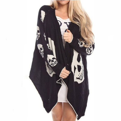 

Toponeto Womens Fashion Halloween Skull Print Loose Irregular Long Sleeve Cardigan Coat