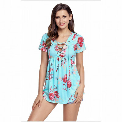 

Multi-color optional V-neck cross strap short-sleeved printed hem straight top