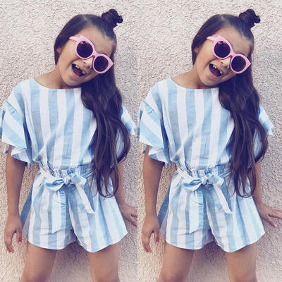 

Toddler Baby Kid Girls Stripe Fly Sleeves TopShorts Pants Outfit Clothes Set
