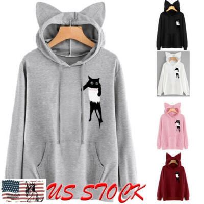 

US Women Girl Cat Long Sleeve Crop Top Hooded Full Hoodie Sweatshirt Sports Wear