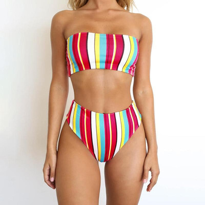 

Women Two Pieces Swimsuit Tube Top Slash Neck Strapless Bikini Set Bathing Swimwear