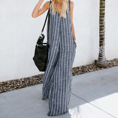 

Starmoon Womens Fashion Casual Striped Sling Large Size Loose V-Neck Long Jumpsuit