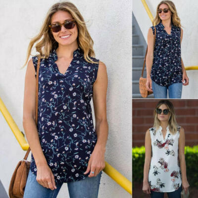 

Fashion Women Floral Summer Vest V Neck Beach Shirt Blouse Tank Tops T-Shirt