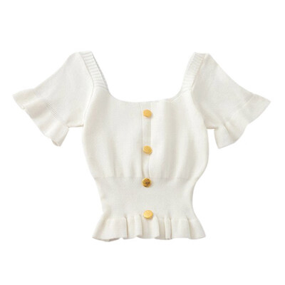 

New T Shirt Women Summer Solid Color Casual Tops Female Square Collar Fashion T-Shirt Knit Button Puff Sleeved Sexy Slim Tops