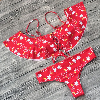 

2018 Sexy Bandage Women Bra suit Push Up Ruffle Off Shoulder beachwear Thong bra Set Bathing Suit Biquini