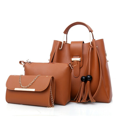 

New female bag pure color fashion bead bead fringed mother bag three piece ladies single shoulder bag