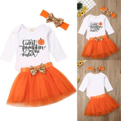 

3PCS Newborn Baby Girls Pumpkin Romper Tutu Skirts Headband Halloween Outfits AU