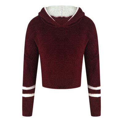 

Autumn Winter Women Plush Warm Hoodies Solid Color Long Sleeve Short Hooded Sweatshirt For Women Ladies Striped Hooded Pullover