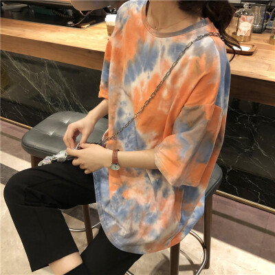 

Women Casual Round Neck Tie Dye Print T-Shirts Short Sleeve Loose Pullover Simple Tee Tops