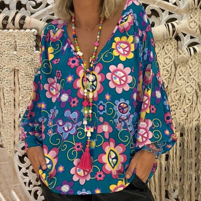 

Womens Paisley Printed Button Top Long Sleeve V Neck Pleated Casual Flare Tunic