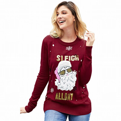 

Round neck long sleeve tree head womens knit sweater