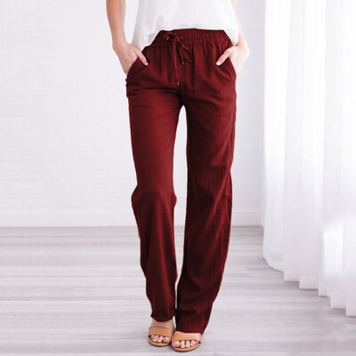 

Fashion Women Solid Lace Up Cotton And Linen Brief Casual Daliy Long Pants