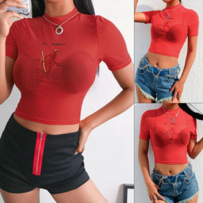 

Womens Sexy Sheer Embroidery Crop Top Short Sleeve Transparent T-Shirt Tee Tops