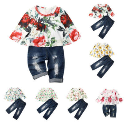 

US Toddler Baby Kid Girl Dress Top T-shirtDenim Ripped Pants Outfit Clothes Set