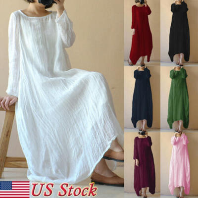 

USA Summer Womens Loose Long Sleeve Linen Dress Kaftan Soild Long Maxi Dresses