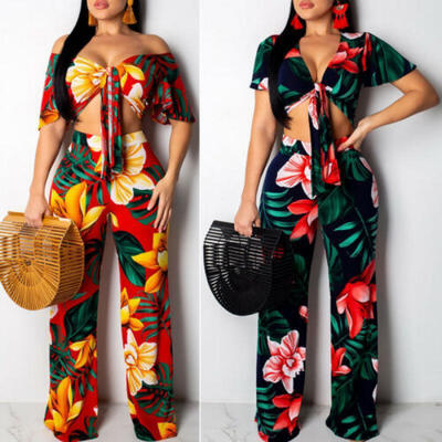 

Women Two Piece V-Neck Jumpsuit Floral Printed Crop Top Wide Leg Trousers New