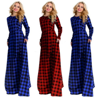 

Women Retro Plaid Long Sleeve Dress Slim Holiday Casual Dress Party Cocktail Dress