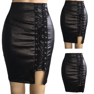 

Roseonmyhand Women Ladies High Waist And Knee Skirt Bandage Split Sexy Hip Leather Skirt