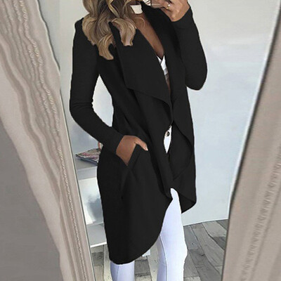 

Womens Ladies Long Duster Jacket French Trench Waterfall Coat Outwear Plus -3XL