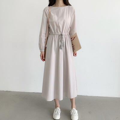 

Tailored Women Casual Solid Round Neck Dress Long Sleeve Beam Waist Big Swing Dress