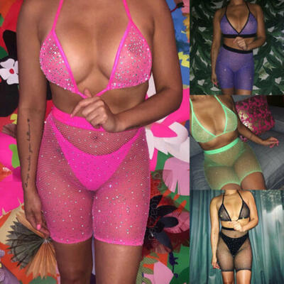 

Women Push-up Padded Bra Bandage Bikini Set Swimsuit Rhinestone Swimwear Mesh UK