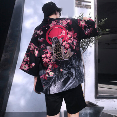 

Mens Loose Half Sleeve Tops Cardigan Kimono Printed Casual Summer Beach Outwear