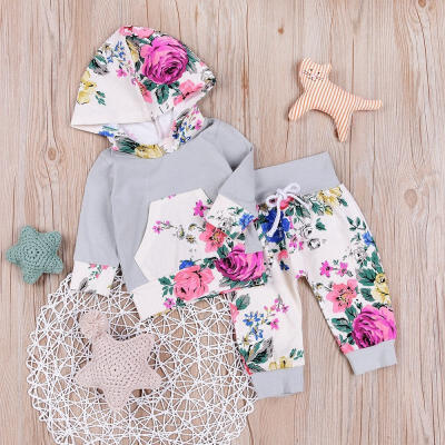 

Newborn Toddler Baby Boy Girl Floral Hooded Tops PaD02Ms 2Pcs Outfits Set Clothes