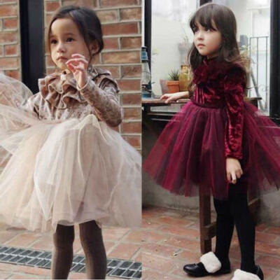 

Kids Baby Girls Dress Velvet Fleece Long Sleeve Party Dress Tulle Tutu Dress