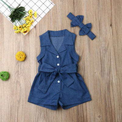 

UK 2PCS Toddler kids Baby Girls Denim Romper Bodysuit Jumpsuit Outfits Clothes