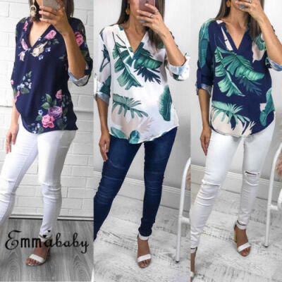 

Womens Boho Spring T-Shirt Summer Top V Neck Rolled Sleeve Loose Chiffon Blouse