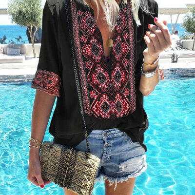 

Summer Women T-Shirt Boho Print Tee Deep V-Neck Long Sleeve Shirts Top Blouse
