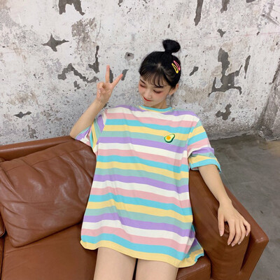

Women Ladies Rainbow Stripe Loose Tops Casual Round Neck Short Sleeve T-Shirt