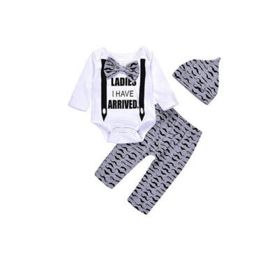 

3Pcs Boys Hipster Bowtie Strap Long Sleeve Bodysuit Moustache PantsHat Outfits