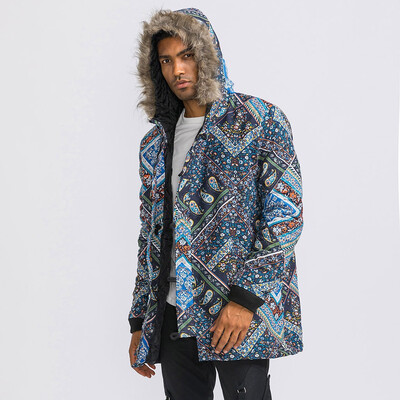 

Gobestart Man Winter Warm Outwear Floral Print Hooded Pockets Vintage Oversize Coats