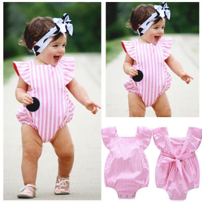 

Lovely Infant Baby Girl Striped Bodysuit Romper Jumpsuit Outfits Summer Bow Sleeveless Girls Romper Sunsuit 0-18M